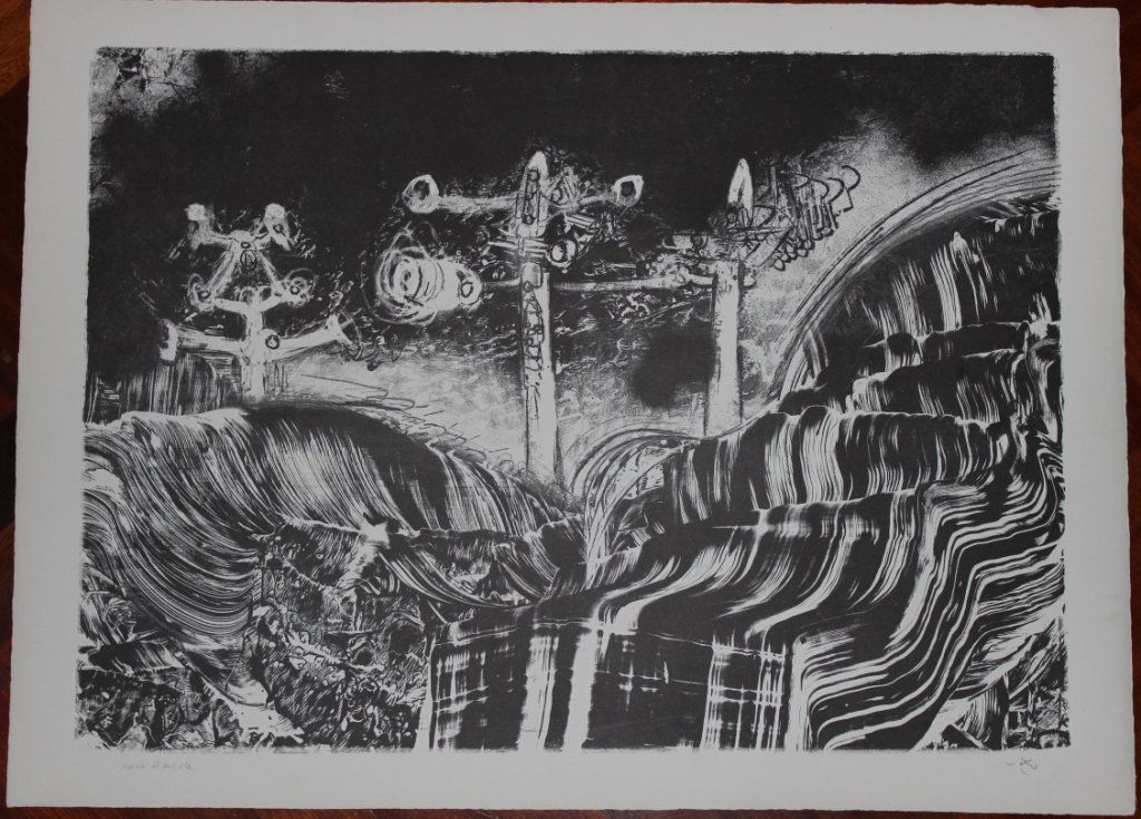Roberto Matta, Cosi' giu' d'una ripa discoscesa, 1970: From "Le acque dell'Arno" in memory of the flood that swept Florence in 1966; Lithograph; Paper sizes cm 57,5 x 78; P.d.A.; Signed in lower right in crayon by the Artist; Publisher and printer Il Biso
