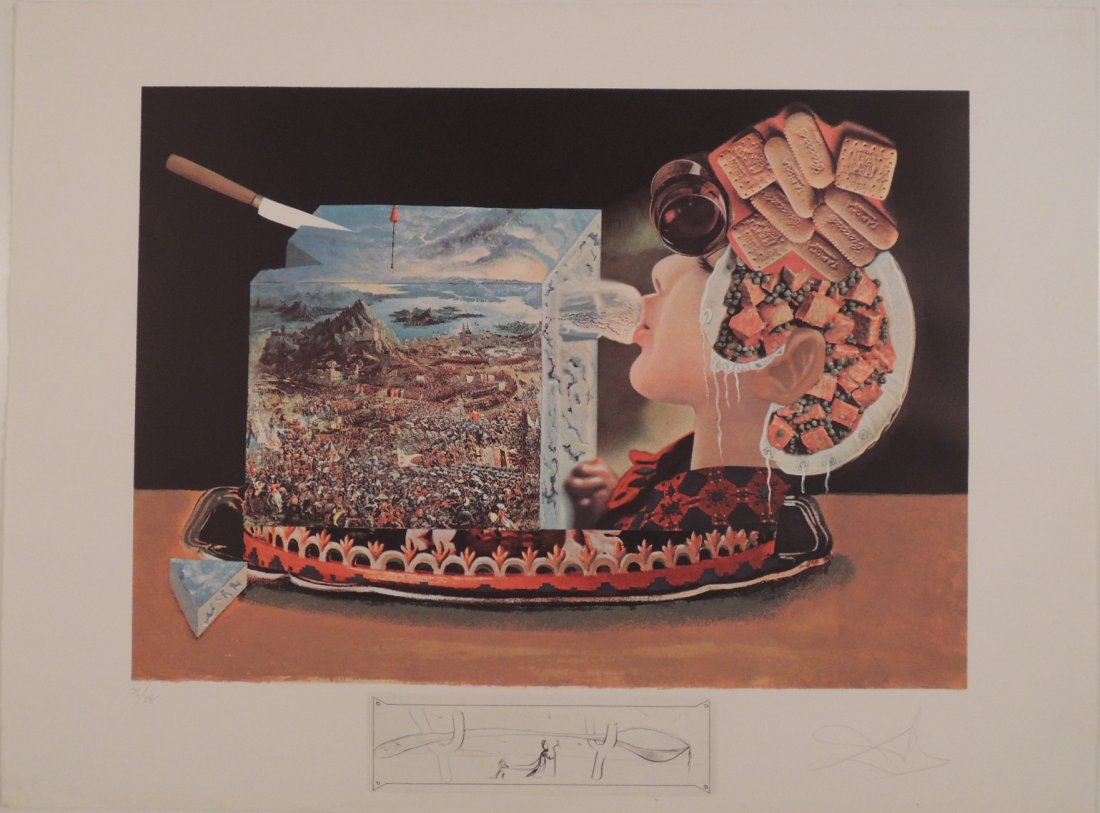 Salvador Dali', Les pios nonoches, 1971: From "Les diners de gala" suite of 12 lithographs Color lithograph and etching on Rives paper Published by Jean Lavigne Image sizes 41 x 57 cm Paper sizes 55,5 x 74,5 cm At the bottom etching titled "