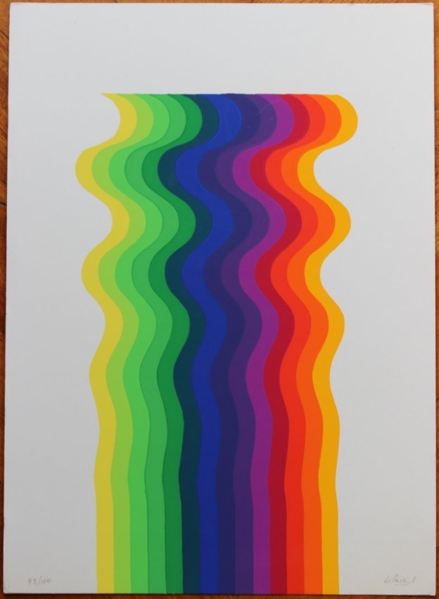Julio Le Parc, Untitled, 1977: Color lithograph; Paper sizes cm 34,5 x 25; Signed lower right in crayon by the Artist; Edition 43/100; Publisher and printer La Nuova Foglio, Macerata; COA provided