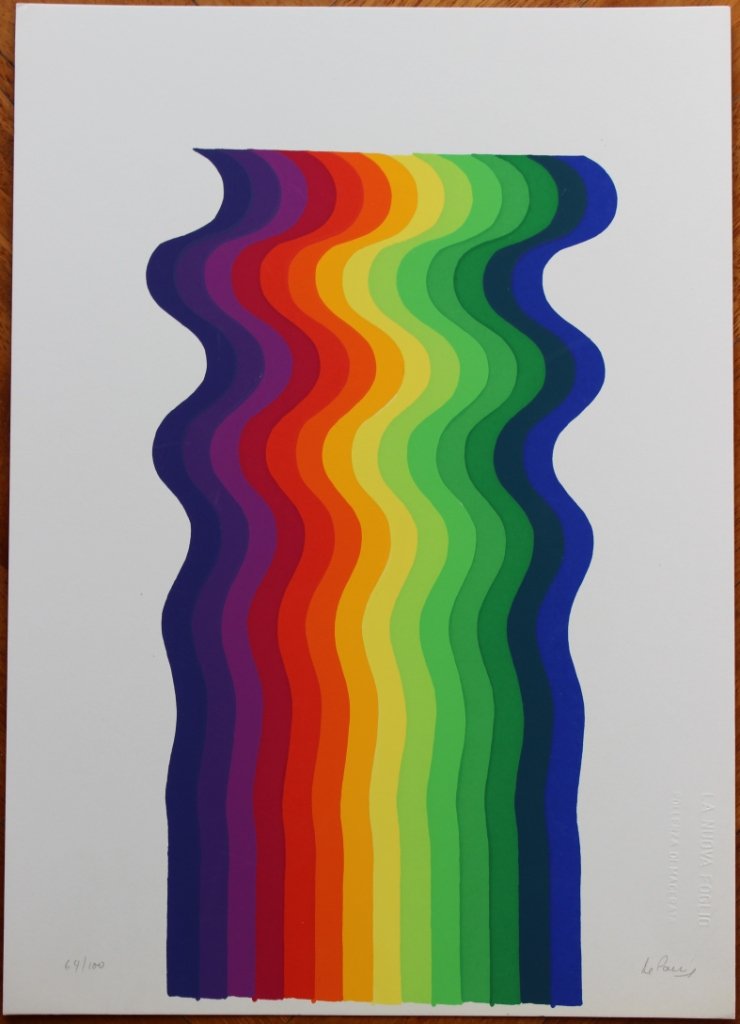 Julio Le Parc, Untitled, 1977: Color lithograph; Paper sizes cm 34,5 x 25; Signed lower right in crayon by the Artist; Edition 69/100; Publisher and printer La Nuova Foglio, Macerata; COA provided