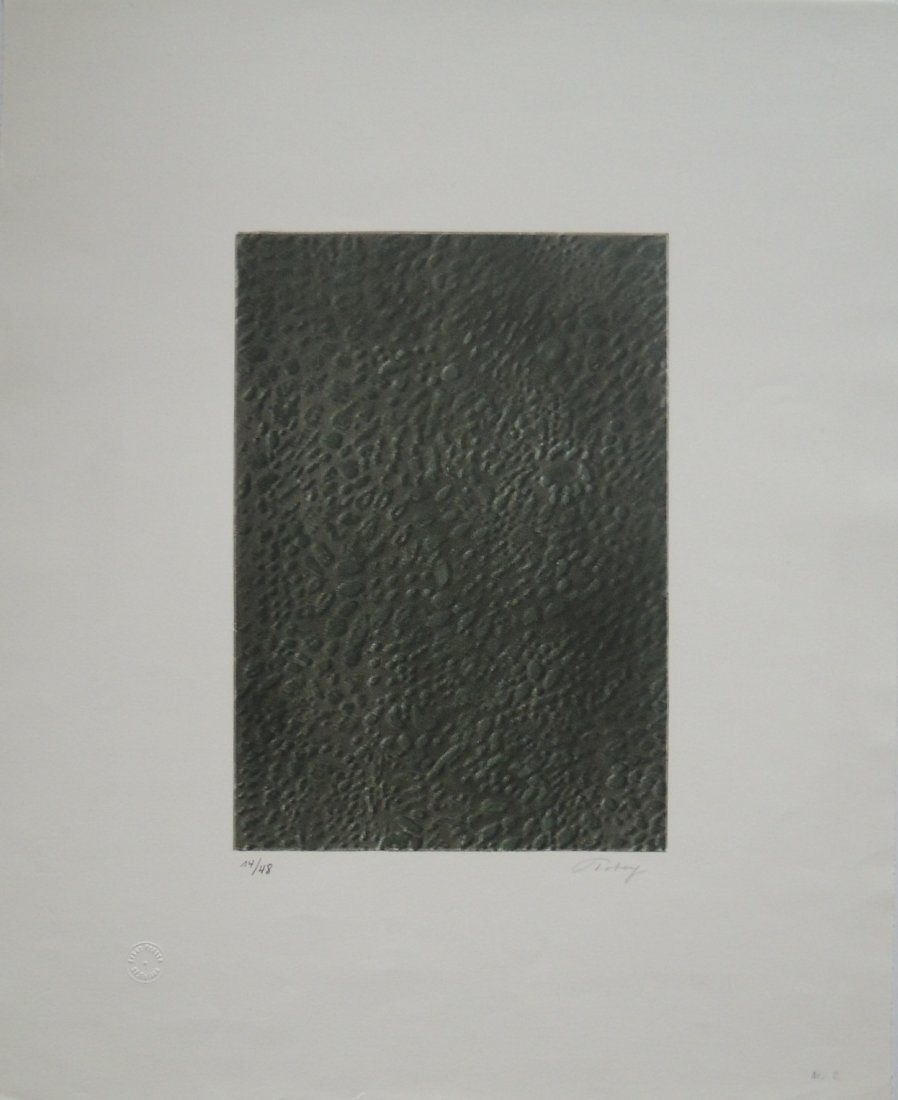 Mark Tobey, from A collection, 1970-72: Color lithograph on Arches paper from a folder of 4 titled A Collection; Paper sizes cm 56,5 x 45,5; Signed lower right and numbered lower left in crayon by the Artist; Edition 11/48; Blins stamp of P