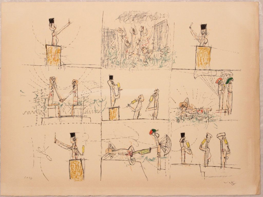 Roberto Matta, L'anti-proces: Litografia a colori; Dimensioni foglio 56 x 76 cm; Firmata in basso a destra a matita dall'Artista; E.A. 3/8; Certificato di garanzia. Color lithograph; Paper sizes 56 x 76 cm ; Signed lower right in