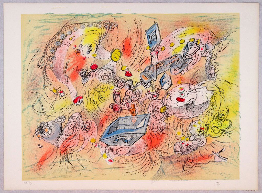 Roberto Matta, Cajas Azules: Litografia a colori; Dimensioni foglio 56 x 76 cm; Firmata in basso a destra a matita dall'Artista; Numerata XVII/L; Stampata su carta Arches, France; Timbro a secco dell'Artista; Certificato di garan