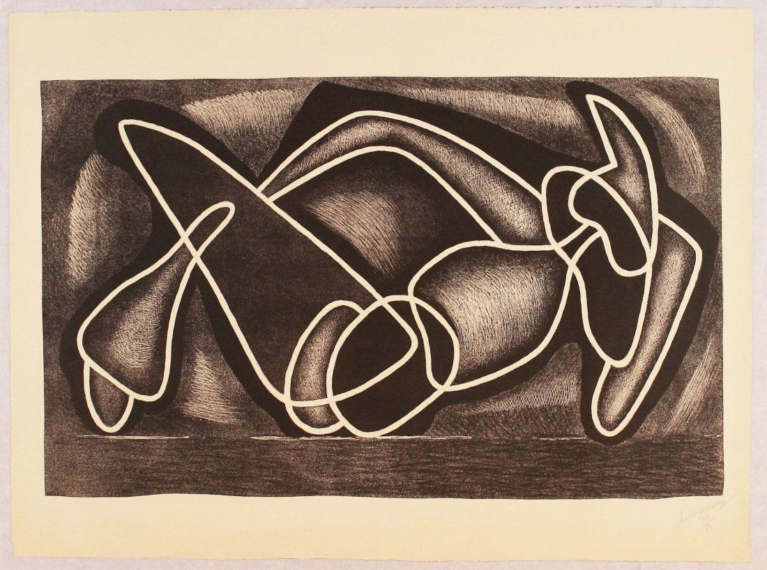 Alexander Archipenko Les formes encerclés 1963: Litografia a colori Dimensioni foglio 56 x 75,5 cm Dimensioni immagine 42,5 x 69,5 cm Firmata in basso a destra a matita dall'Artista Numerata 58/75 Certificato di autenticità. Color lithograph Paper