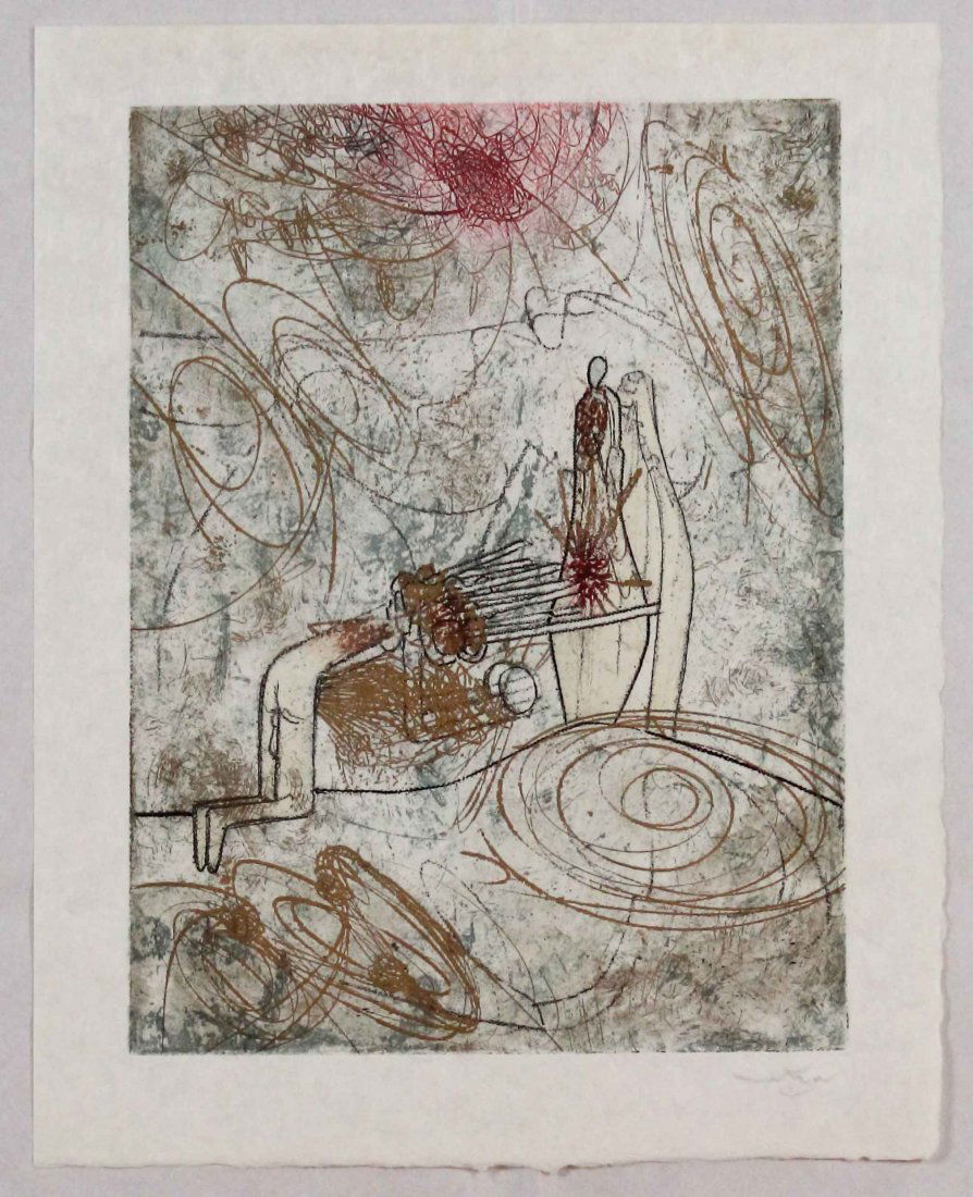 Roberto Matta, Les damnations, 1966: Acquaforte acquatinta stampata su carta Giappone; Dimensioni foglio 41,5 x 32,5 cm; Dimensioni immagine 34 x 26 cm; Firmata in basso a destra a matita dall'Artista; Certificato di autenticità. Etchin