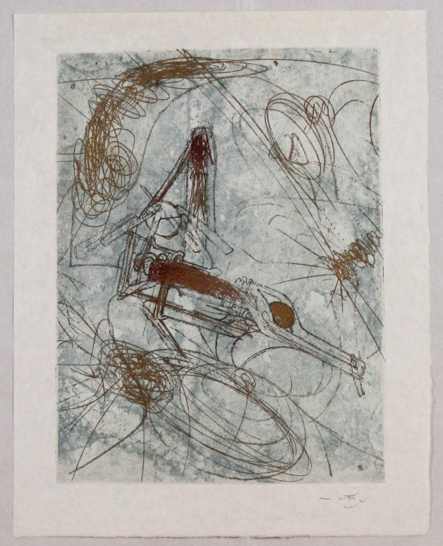 Roberto Matta, Les damnations, 1966: Acquaforte acquatinta stampata su carta Giappone; Dimensioni foglio 41,5 x 32,5 cm; Dimensioni immagine 34 x 26 cm; Firmata in basso a destra a matita dall'Artista; Certificato di autenticità. Etchin