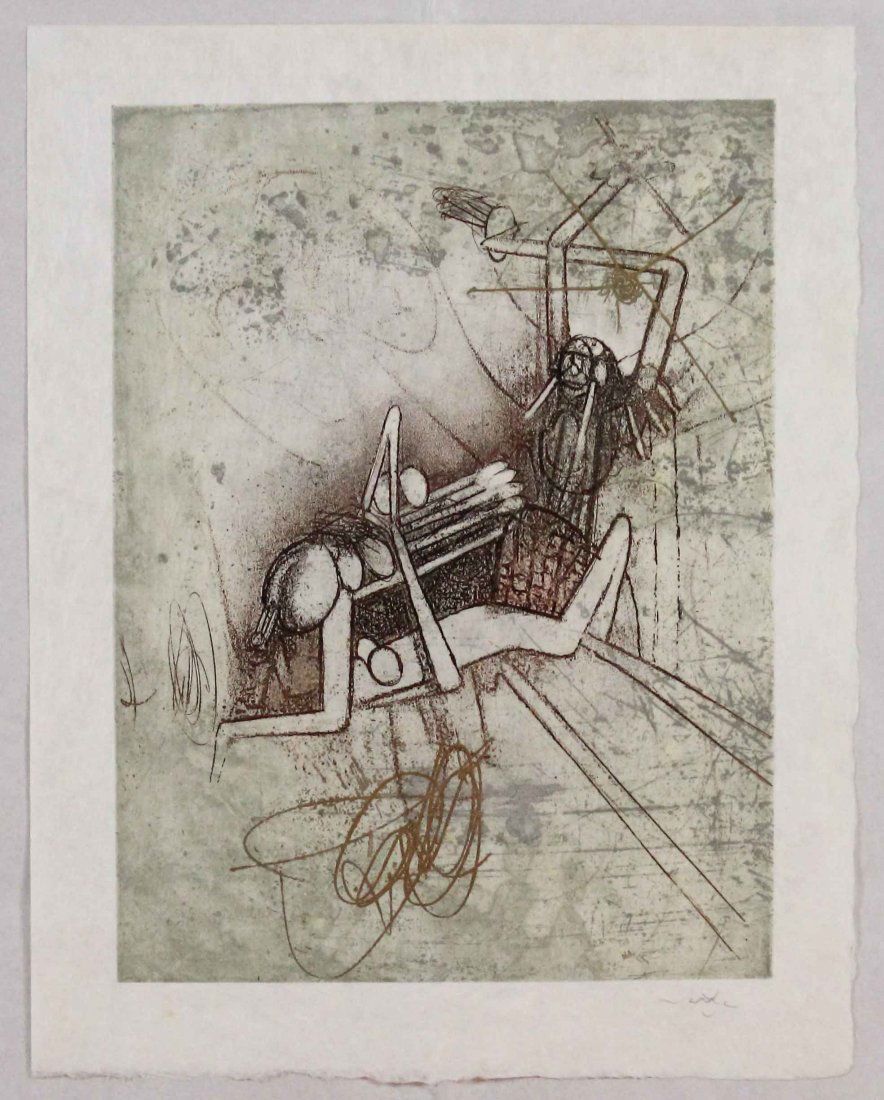 Roberto Matta, Les damnations, 1966: Acquaforte acquatinta stampata su carta Giappone; Dimensioni foglio 41,5 x 32,5 cm; Dimensioni immagine 34 x 26 cm; Firmata in basso a destra a matita dall'Artista; Certificato di autenticità. Etchin