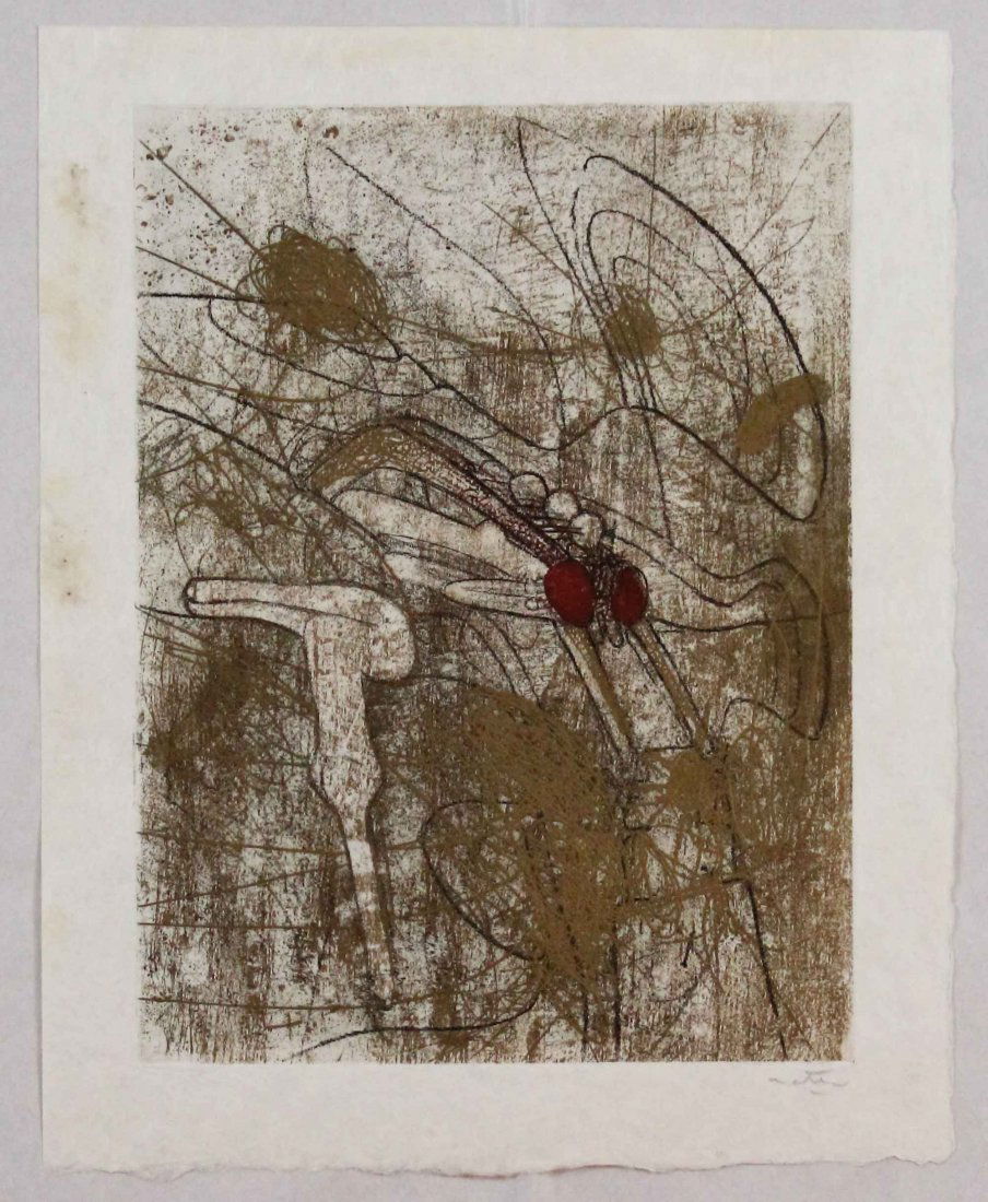 Roberto Matta, Les damnations, 1966: Acquaforte acquatinta stampata su carta Giappone; Dimensioni foglio 41,5 x 32,5 cm; Dimensioni immagine 34 x 26 cm; Firmata in basso a destra a matita dall'Artista; Certificato di autenticità. Etchin