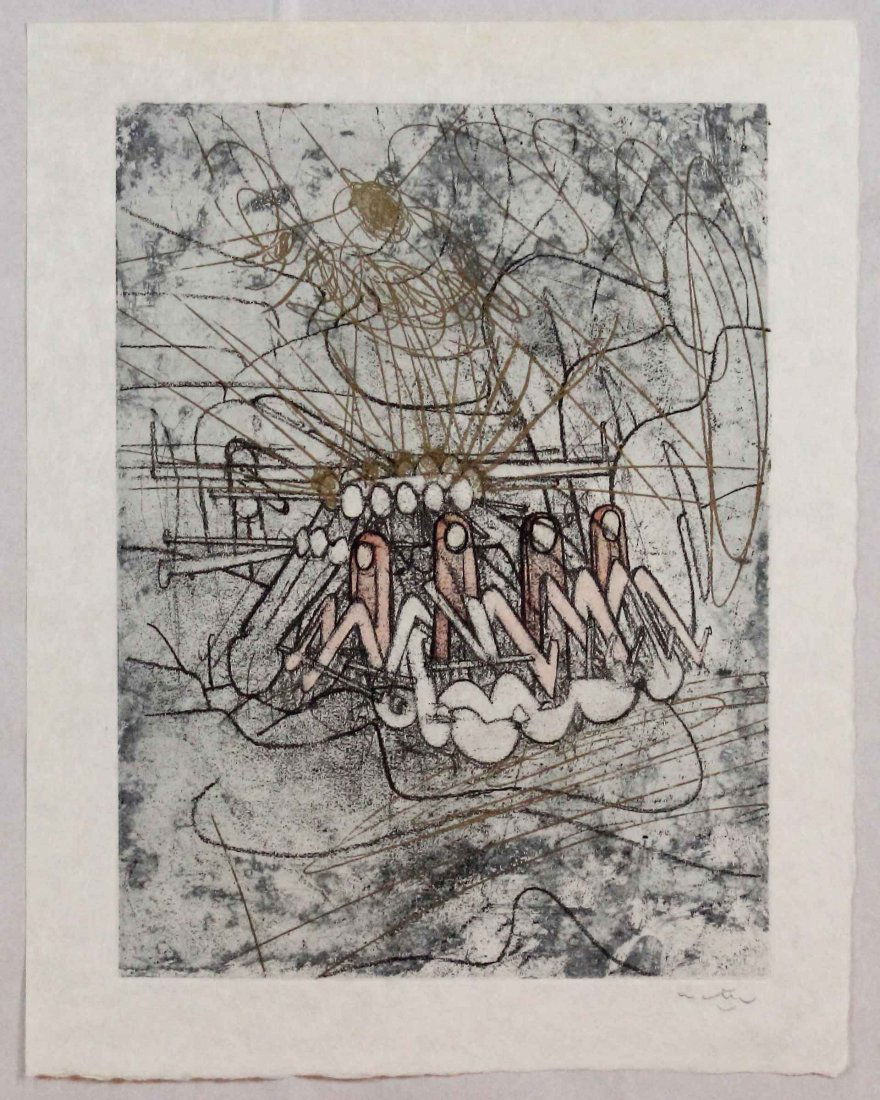 Roberto Matta, Les damnations, 1966: Acquaforte acquatinta stampata su carta Giappone; Dimensioni foglio 41,5 x 32,5 cm; Dimensioni immagine 34 x 26 cm; Firmata in basso a destra a matita dall\'Artista; Certificato di autenticità. Etchi
