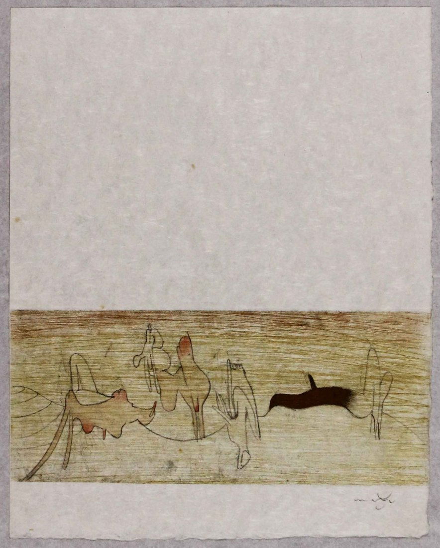 Roberto Matta, Les damnations, 1966: Acquaforte acquatinta stampata su carta Giappone; Dimensioni foglio 41,5 x 32,5 cm; Dimensioni immagine 13,5 x 32 cm; Firmata in basso a destra a matita dall'Artista; Certificato di autenticità. Etch