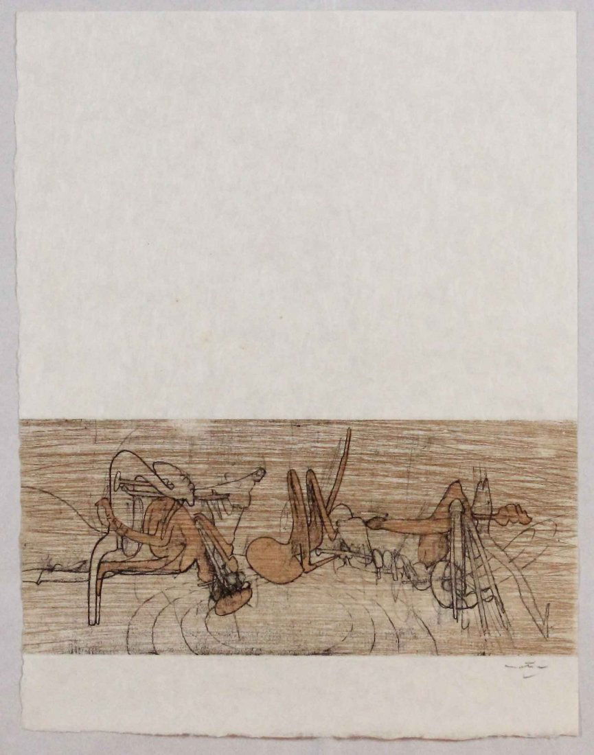 Roberto Matta, Les damnations, 1966: Acquaforte acquatinta stampata su carta Giappone; Dimensioni foglio 41,5 x 32,5 cm; Dimensioni immagine 13,5 x 32 cm; Firmata in basso a destra a matita dall'Artista; Certificato di autenticità. Etch