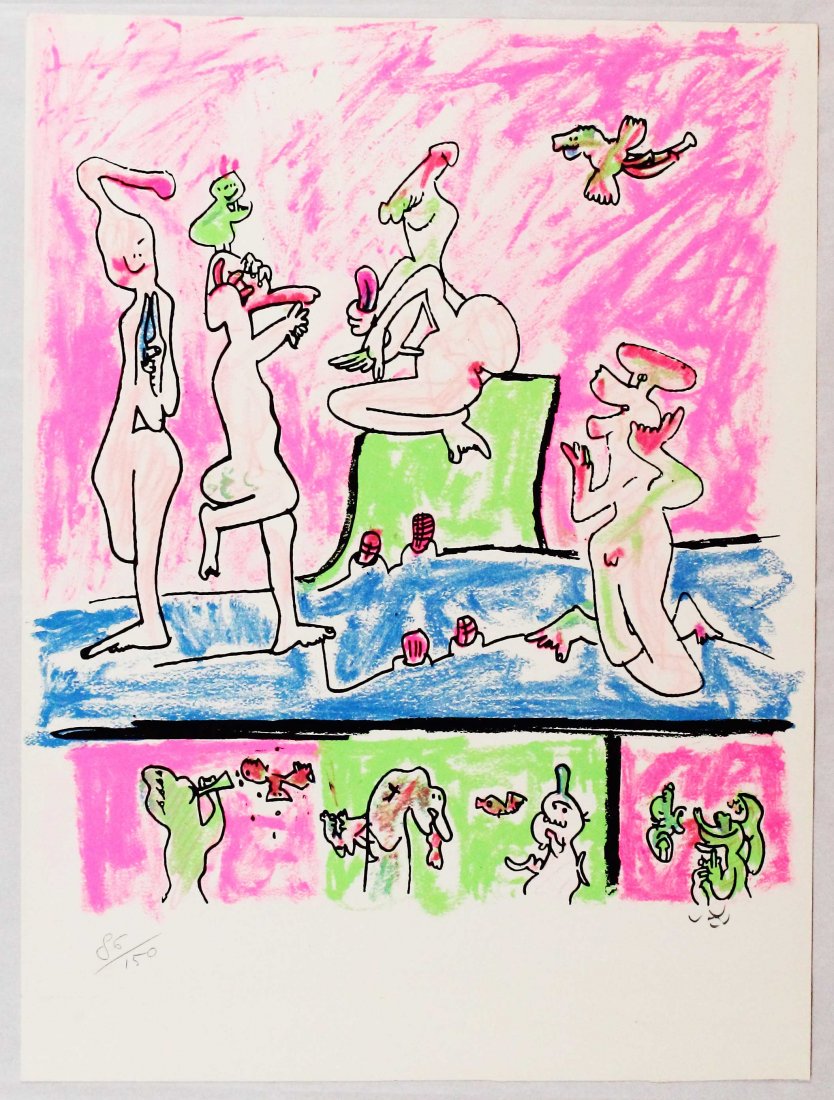 Roberto Matta, Litografia a colori: Litografia a colori; Dimensioni foglio 66,5 x 50 cm; Firmata in basso a destra a matita dall'Artista; Numerata 86/150; Certificato di autenticità. Color lithograph; Paper sizes 66,5 x 50; Signed lowe