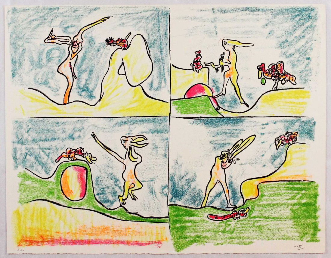 Roberto Matta, Litografia a colori: Litografia a colori; Dimensioni foglio 56,5 x 75 cm; Firmata in basso a destra a matita dall'Artista; E.A.; Certificato di autenticità. Color lithograph; Paper sizes 56,5 x 75 cm; Signed lower right