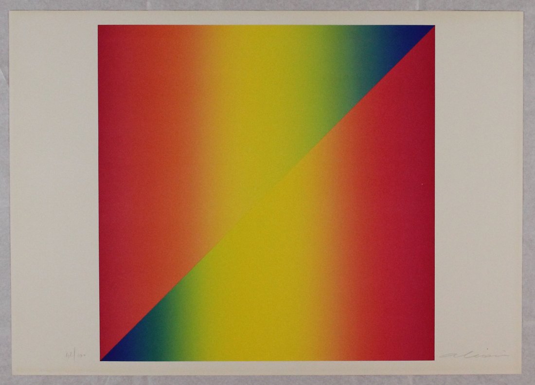 Getulio Alviani, Spettrologia diagonale del rosso: Litografia a colori; Dimensioni foglio 50 x 70 cm; Dimensioni immagine 46 x 46 cm; Firmata in basso a destra a matita dall'Artista; Numerata 42/100; Certificato di autenticit Color lithograph; Paper
