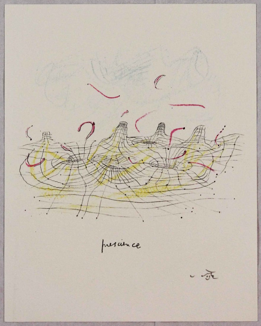 Roberto Matta, Prescience, 1985-87: Litografia a colori dalla cartella Morfologie verbali; Dimensioni foglio 33 x 27 cm; Firmata in basso a destra a matita dall'Artista; Editore La Bezuga , Firenze; P.d.A.; Certificato di autenticità.