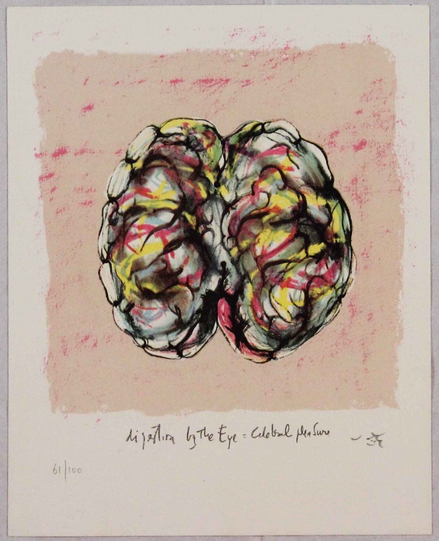 Roberto Matta, Digestion by the eye, 1985-87: Litografia a colori dalla cartella Morfologie verbali; Dimensioni foglio 33 x 27 cm; Firmata in basso a destra a matita dall'Artista; Editore La Bezuga , Firenze; P.d.A.; Certificato di autenticità.