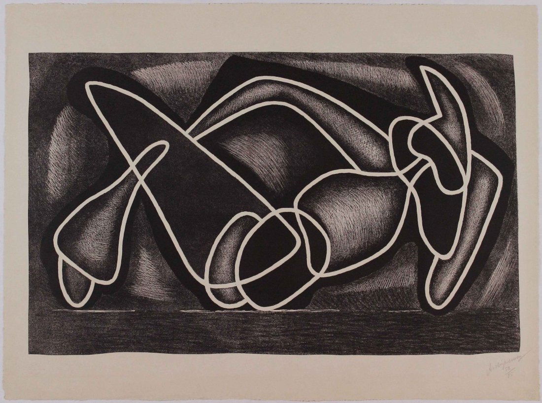 Alexander Archipenko, Les formes encerclÃ©s,1963: Litografia a colori; Dimensioni foglio 56 x 75,5 cm; Dimensioni immagine 42,5 x 69,5 cm; Firmata in basso a destra a matita dall'Artista; Numerata 58/75; Certificato di autenticitÃ . Colors lithogra
