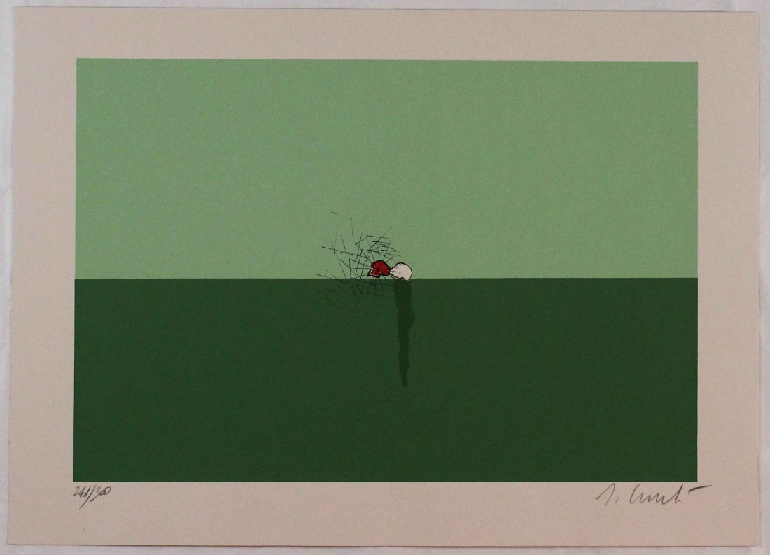 Enzo Cucchi, Morte al confine, 2010: Litografia e serigrafia a colori; Dimensioni foglio 50 x 70 cm; Dimensioni immagine 39 x 57,5 cm; Tiratura 300; Firmata in basso a destra a matita dall'Artista; Numerata 241/300; Certificato di autent