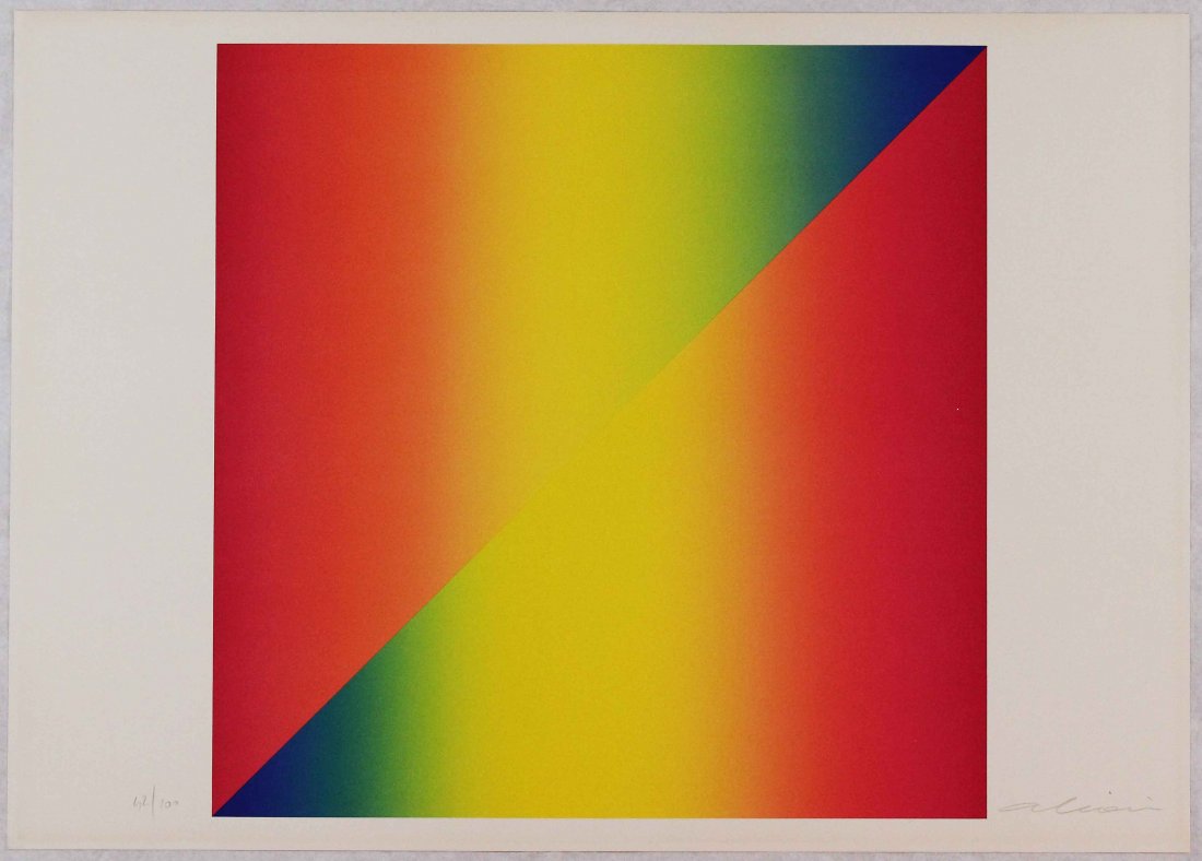 Getulio Alviani, Spettrologia diagonale del rosso: Litografia a colori; Dimensioni foglio 50 x 70 cm; Dimensioni immagine 46 x 46 cm; Firmata in basso a destra a matita dall'Artista; Numerata 42/100; Certificato di autenticitÃ . Colors lithograph; P