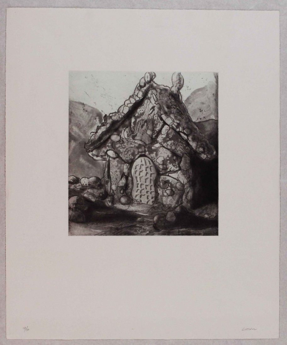 Will Cotton, Peanut Butter Brittle House, 1992: Acquaforte acquatinta; Dimensioni foglio 61 x 50 cm; Dimensioni immagine 24 x 20 cm; Firmata in basso a destra a matita dall'Artista; Numerata 17/30; Certificato di autenticitÃ . Etching aquatint; P