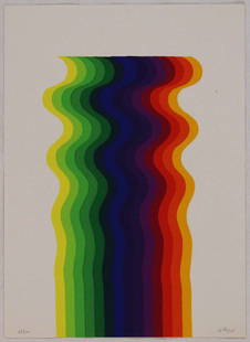 Julio Le Parc, Serigrafia a colori, 1977: Serigrafia a colori; Dimensioni foglio 34,4 x 25 cm; Firmata in basso a destra a matita dall'Artista; Numerata 82/100; Editore La Nuova Foglio, Pollenza di Macerata; Certificato di autenticità . Col