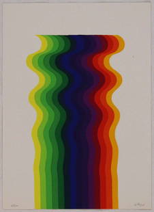 Julio Le Parc, Serigrafia a colori, 1977: Serigrafia a colori; Dimensioni foglio 34,4 x 25 cm; Firmata in basso a destra a matita dall'Artista; Numerata 82/100; Editore La Nuova Foglio, Pollenza di Macerata; Certificato di autenticitÃ . Col