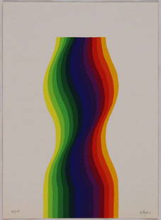 Julio Le Parc, Serigrafia a colori, 1977: Serigrafia a colori; Dimensioni foglio 34,4 x 25 cm; Firmata in basso a destra a matita dall'Artista; Numerata 54/100; Editore La Nuova Foglio, Pollenza di Macerata;Certificato di autenticità . Colo