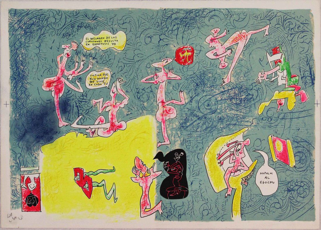 Roberto Matta, Pan nuestro degli afuerini, 1969-71: Litografia a colori; Dimensioni foglio 46 x 67 cm; P.A.; Certificato di autenticitÃ . Color lithograph; Paper sizes 46 x 67 cm; P.A.; COA provided.