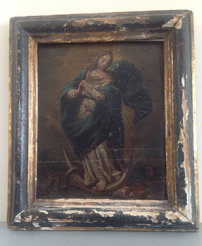 18th Century Immaculate Conception after Murillo: Oil on board, 10 x 8 3/4" Blue painted carved frame. Bartolomé Esteban Murillo (born late December 1617 – April 3, 1682) was a Spanish Baroque painter. Although he is best known for his religious w