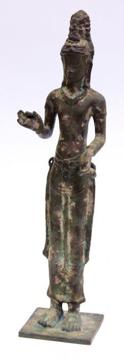 Southeast Asian Patinated Bronze Bodhisattva: Southeast Asian patinated metal figure of Avalokitesvara, the slender bodhisattva standing with his right hand in the abhaya mudra, the other holding an amphora, his face with a gentle expression and