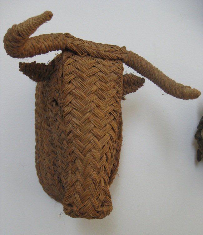 Mid 20th century Mexican Woven Straw Bull Head: Vintage Mexican folk hand woven straw work bull's head; Height 11"