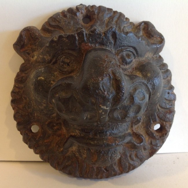 Medieval iron lion head casting 5.75": A very heavy iron casting of a medieval/ renaissance lion. Probably an attachment for a church door or a large coffin chest. notation on back of a selling price in 1972 of 220 GBP ( over 500 USD) Ex. 
