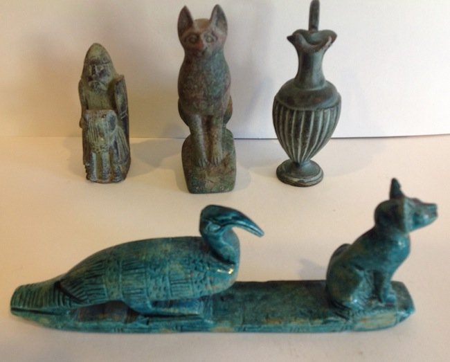 4 Grand Tour or later items: 4 replicas of ancient items. Largest is 8" long and tallest is 4" high. I composite knight on horse, 1 stone? Egyptian cat, 1 Bronze Grecian Vase and 1 faience ibis and cat.