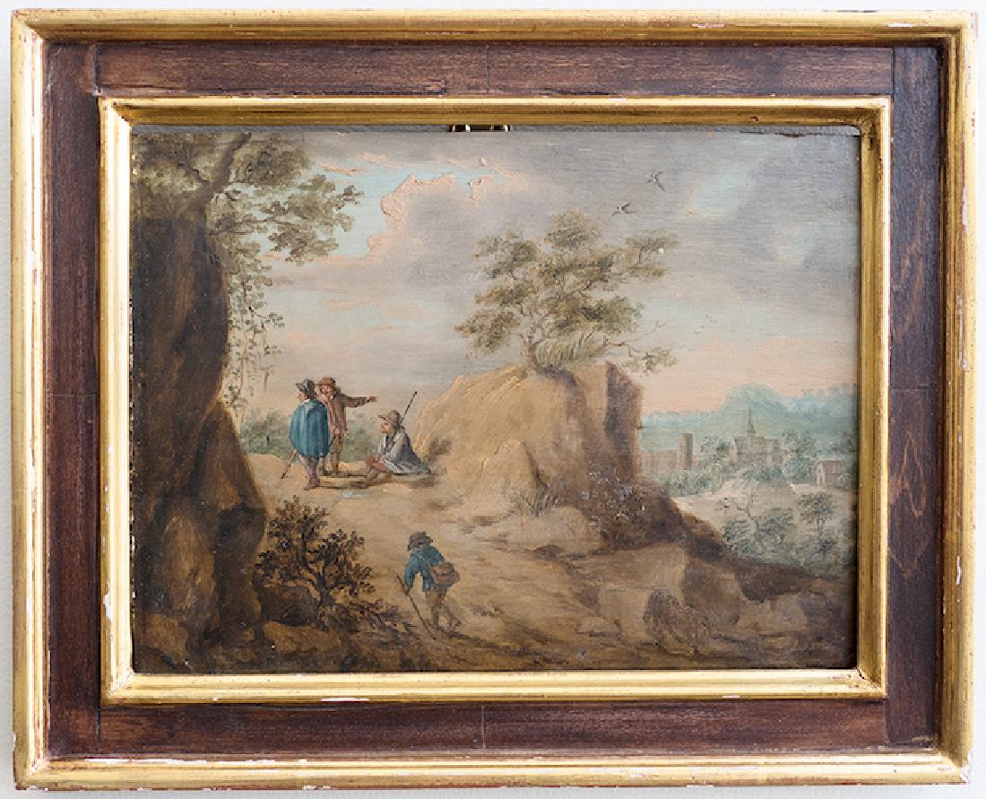 Old Master Flemish landscape Teniers style: Artist: Manner of TeniersTitle: (Travelers on a Road, a Town in the Distance)Medium: Oil on panelSize: 7 3/8 x 9 3/4 inches (18.7 x 4.8 cm) Date: 17th century