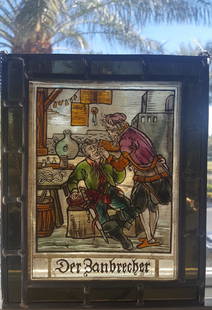 Antique Stained Glass Swiss/German Trade Sign: Artist: Antique Stained Glass Panel Swiss/GermanTitle: (Denist at work) Possibly trade signMedium: Stained glassSize: 10â€ x 8â€ inches