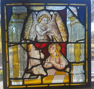 German Gothic Era Antique Stained Glass with Angels: Artist: German Gothic Era Stained Glass Title: (Angel with praying figures/saints)Medium: Stained glassSize: 15 1/2â€ x 15 1/2 inches Date: 1500â€™sCondition: several large cracks in glass as