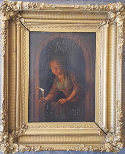 Dutch Old Master Painting Girl with Candle: Artist: Dutch School, 18th centuryTitle: Girl with candle at windowMedium: Oil on wood panelSize: 8 7/8â€ x 6 1/2â€ inches (22.5 x 16.5 cm) Date: 1700â€™sCondition: some surface scrapes