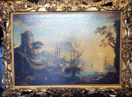 Claude Lorrain (1604-1682), manner. Old Master LARGE: Artist: Claude Lorrain (French, 1604-1682) manner of.Title: Harbor SceneMedium: oil on canvasSize: 33â€ x 48â€ canvas size (not including gold frame)Date: Probably late 18th century .