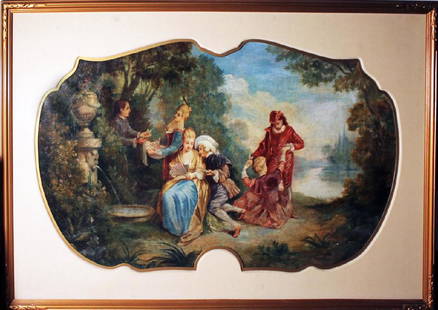 Nicolas Lancret Circle French old master painting HUGE: Artist: Nicolas Lancret, circle of.Title: Untitled Medium: Oil on CanvasSize: Approx. 43" x 65" approximate size including frame. Date: 1790 circa. NICE LARGE PAINTING