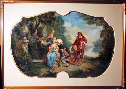 Nicolas Lancret Circle French old master painting HUGE: Artist: Nicolas Lancret, circle of.Title: Untitled Medium: Oil on CanvasSize: Approx. 43" x 65" approximate size including frame. Date: 1790 circa. NICE LARGE PAINTING