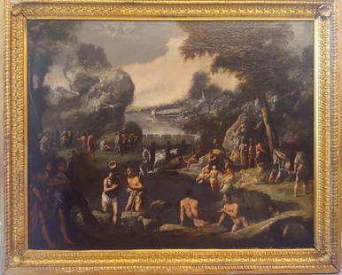 Italian Old Master LARGE Giovanni Andrea Donducci: Artist: Giovanni Andrea Donducci "Mastelletta"(1575â€“1655), attributed to.Title: (Baptism of Chirst)Medium: Oil on canvasSize: 40 1/2"x 50"inches (103x127 cm) approximate canvas size Date: