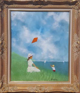 California Impressionist Max Karp Enamel on copper: Artist: Max Karp (American, 1916 -)Title: (Girl with Kite)Medium: enamel on copper panelSize: 26" x 32" approx. framed size Date: Max Karp is one of the few contemporary painters to use enamel in