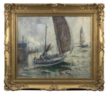 Mason Hunter (1854-1921) English Sailing Painting: Artist: Mason Hunter (British 1854-1921)Title: Sailing St. Andrews HarborMedium: watercolor on paper laid to boardSize: 24â€ x 29â€ approximate sheet sizeDate: 1916