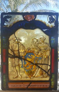 German Renaissance Stained Glass Heraldic Crest: Artist: German Renaissance Stained GlassTitle: (Heraldic crest, with man and two women, Martinus Zimmerman 1524)Medium: Stained glassSize: 13 3/4â€ x 10â€ inches Date: 1500â€™sCondition: