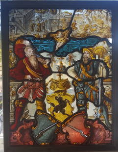 Swiss Renaissance Era Stained Glass Arms & Armor: Artist: Swiss Renaissance Era Stained Glass Title: (Two Noblemen bearing rifles with heraldic res with crossed rifles at bottom bearing date 1573 initialed DM)Medium: Stained glassSize: 12 5/8â€