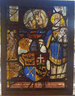 Swiss Renaissance Era Stained Glass Heraldic Crest and: Artist: Swiss Renaissance Era Stained Glass Title: (Two religious figures with heraldic crest )Medium: Stained glassSize: 12 1/2â€ x 9 1/2â€ inches Date: 1500â€™sCondition: One small