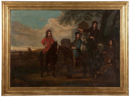 Old Master Painting MONUMENTAL SIZE: Artist: Flemish School Title: (Hunting party) Medium: oil on canvas Size: 44â€ x 62â€ inches canvas size (Not including frame which adds about 6" to each side(Date: circa 1800?Huge and