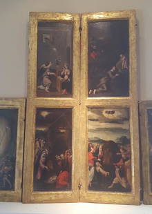 Old Master Flemish Renaissance 6 panel paintings: Artist: Flemish SchoolTitle: Medium: Oil on panel Size: 40"x23" inches (101x58 cm)approximate size (4 panel) 20 1/2" x 11" inches(52x28cm) (2 panel) with the integral framesDate: 1500's.Notes: This