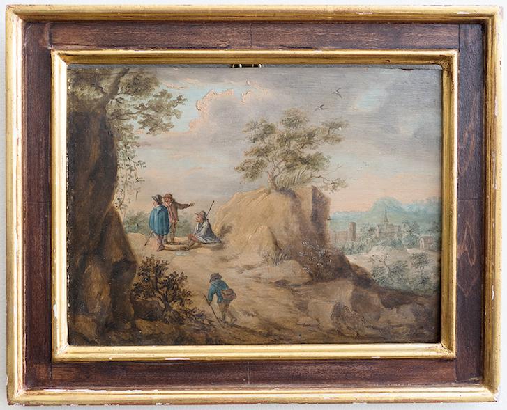 Old Master Flemish landscape Teniers style: Artist: Manner of Teniers Title: (Travelers on a Road, a Town in the Distance) Medium: Oil on panel Size: 7 3/8 x 9 3/4 inches (18.7 x 4.8 cm) Date: 17th century