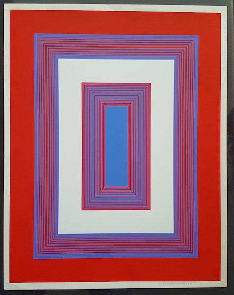 Richard Anuszkiewicz (1930 - ) OpArt Signed Print: Artist: Richard Anuszkiewicz (1930 - ) Title: Red, White and Blue, from 1776 USA, 1975 Medium: Screenprint in colors on Arches paper Notes: signed in pencil, dated and numbered 3/75 Size: 26 3/4&rdquo
